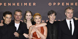 Oppenheimer cast members Rami Malek,Matt Damon,Emily Blunt,Florence Pugh,Cillian Murphy with director Christopher Nolan before the actors left the film’s London premiere.