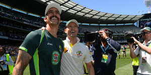 Mitchell Johnson with Michael Clarke at the MCG during the 2013-14 Ashes series.