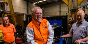 Welding for the cameras at a visit to Opie Manufacturing in Emu Plains. He burnt his finger during the “photo opportunity”.