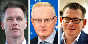 NSW Premier Chris Minns (left) and Victorian Premier Daniel Andrews (right) have both taken aim at RBA Governor Philip Lowe (centre).