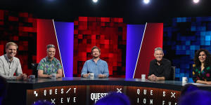Question Everything - hosted by Wil Anderson with (from left) Mark Humphries,Geraldine Hickey,Cameron James and Jan Fran (far right).
