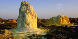 Dallol,Ethiopia. In the Danakil Depression,it dips 116m below sea level,and is home to the settlement of Dallol,the hottest inhabited place on earth. An average year-round temperature of 34.4°C.