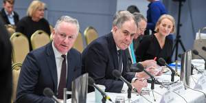 Nine chief executive officer Hugh Marks (left) and ABC managing director David Anderson (right) at the press freedom inquiry on Tuesday.