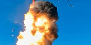 An image taken from video distributed by Russian Defence Ministry Press Service shows a Yars intercontinental ballistic missile being test-fired as part of drills of Russia’s nuclear forces.