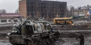 A destroyed Russian tank in a town in northeastern Ukraine.