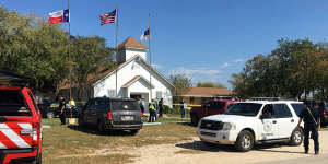 Emergency personnel respond to a fatal shooting at a Baptist church in Sutherland Springs,Texas.