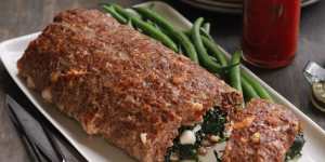 Roast meatloaf stuffed with spinach and mozzarella.