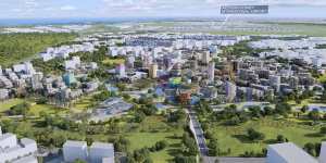 An early conceptual drawing of what the Bradfield city centre could look like. From a video by the Western Parklands City Authority.