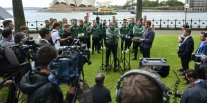 Ange Postecoglou addresses an Australian media throng with his Celtic squad last November.