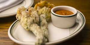 Zucchini flowers with romesco sauce at Marion in Fitzroy.