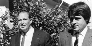 Malcolm Turnbull entering the Costigan Royal Commission with client Kerry Packer in 1983. The media mogul had hired him when he was only 28.