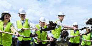 Minister for Western Sydney David Elliott and Premier Dominic Perrottet during the turning the sod ceremony at Bradfield in September.