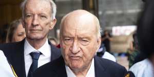 Alan Jones leaves Downing Centre Local Court with his lawyer Chris Murphy last Decembre.