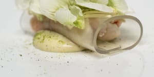 Spanner crab,sake vinegar jelly,brown butter emulsion,pea flower and horseradish,which is served at Sepia. 