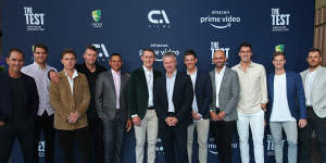 Steve Waugh (centre) with members of the Australian Cricket Team during the Amazon Original premiere of The Test:A New Era for Australia’s Team in March 2020.
