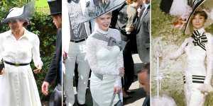 My Fair Lady style:Meghan,Duchess of Sussex,at Royal Ascot in 2018 (left);Nicole Kidman at Derby Day,Melbourne in 2012;and Audrey Hepburn on the My Fair Lady set.