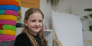 Varvara,8,in a child-friendly space in a bunker underground in Dnipro,Ukraine