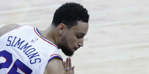 Ben Simmons inadvertently bumps into fans seated courtside during the fourth quarter of game seven of the eastern conference semi-finals against the young Atlanta Hawks.