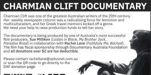 The ad in The Sydney Morning Herald that helped find backers for Rachel Lane’s documentary Charmian Clift:Life Burns High.