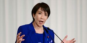 Sanae Takaichi addresses the media after being elected to head the LDP. She says the cost-of-living crisis is the top priority.