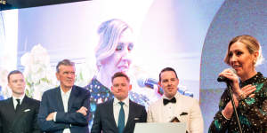 Clare Smyth accepts the three hat award at the Good Food Guide Awards as the Oncore team (and Terry Durack) watch on. 