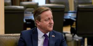 Britain’s Foreign Secretary David Cameron,left,meets with Lebanese caretaker Prime Minister Najib Mikati in Beirut.