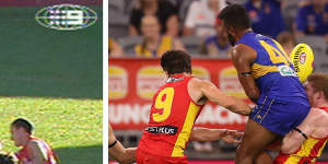 Nick Riewoldt’s classic mark,running back,in 2004. And Willie Rioli’s attempt to mark.
