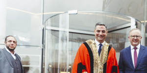 Liverpool Mayor Ned Mannoun,left,opening Civic Place with Prime Minister Anthony Albanese in April 2024.