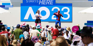 Spiderman performs on stage at the kids area at the Australian Open. 