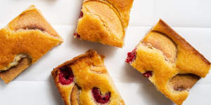 Ree's peach,raspberry tray cake - or just roast or poach the fruit for a simpler dessert.