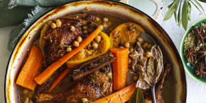 Braised duck legs with carrots,chickpeas,orange and anise.