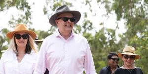 Prime Minister Anthony Albanese,Minister for Indigenous Australians Linda Burney (right) and Member for Lingiari Marion Scrymgour (rear) arrive for a meeting with the Dilak Council at Garma.