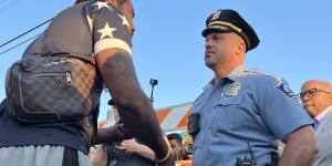 Recently appointed Minneapolis police chief Brian O’Hara deals with an angry protester at the third anniversary of George Floyd’s death.