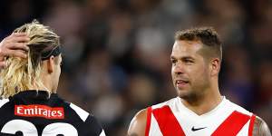 Lance Franklin and Darcy Moore on Sunday.