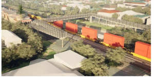 An artist’s impression of a new pedestrian bridge to be built over the railway line at Wagga Wagga to accommodate taller trains.