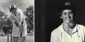 Lyn Larsen in her playing days in Lismore (left) and in the Australian baggy green cap (right).
