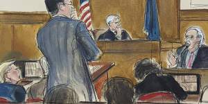 David Pecker answers questions on the witness stand at the trial in April.