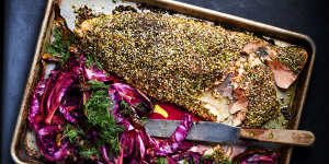 Dukkah-crusted salmon with sweet and sour braised red cabbage. 