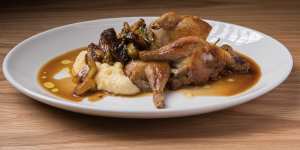 Roasted quail with chestnuts and polenta.
