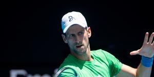 Novak Djokovic trains in the Melbourne heat on Thursday as he awaits a decision on the status of his visa.