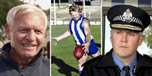 Disgraced AFL legend Barry Cable (left,centre) and WA Police Commissioner Col Blanch. 