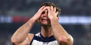 Tom Hawkins of the Cats looks dejected after losing to Melbourne.