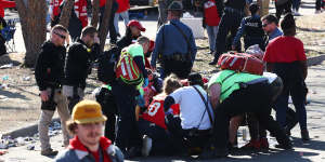 Medical personnel respond to a shooting at Union Station during the Kansas City Chiefs victory parade.