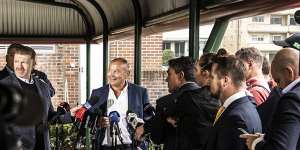 Eddie Jones fields questions from reporters at Coogee Oval.