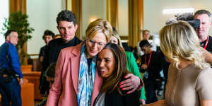 Independent MP Zoe Daniel (left) with Assange’s wife,Stella,and lawyer Jennifer Robinson.