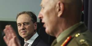 Minister for Health and Aged Care Greg Hunt and COVID-19 Taskforce Commander,Lieutenant General John Frewen.