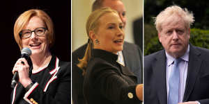 From left:Julia Gillard,Hillary Clinton and Boris Johnson have all faced scrutiny for their hairstyles,but some argue it’s still a gendered topic.