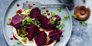 Wine-poached beetroot with mustard cream.