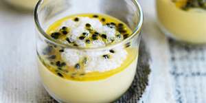 Coconut sago pudding with passionfruit mousse.
