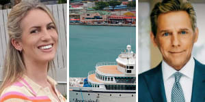 One of the plaintiffs Valeska Paris,the Freewinds cruise ship,and portrait of Scientology leader David Miscavige.